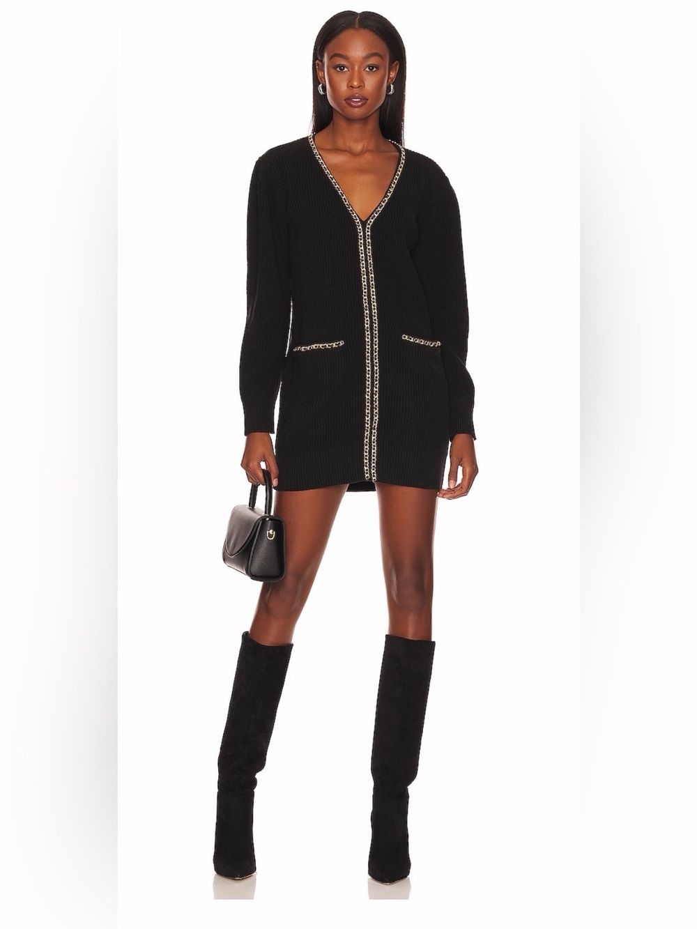 Lovers + Friends Black Chain-Trim V-Neck Mini Dress